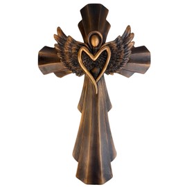 Top Brass Heavenly Angel Wing Wall Cross – Bronze-Finish Resin Cross with Heart-Shaped Angel and Detailed Feathered Wings – 11 ¾” Tall Inspirational Religious Wall Décor