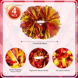 4 Pcs Metallic Cheerleading Pom Poms, 12Inch Cheerleader Pompoms with Baton Handle for Kids Adults School Team Sports Games Dance Cheering (Gold Red)