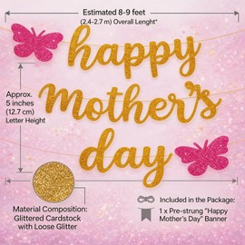 Happy Mother’s Day Banner – Glitter Gold Letter Garland with 2 Butterfly Decorations for Mother’s Day Party, Spring Celebration, Family Gathering, Holiday Decor, Home Wall Hanging, Photo Booth Props