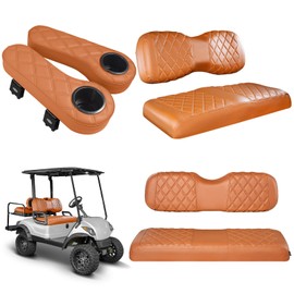 NOKINS Golf Cart Seat Covers for YAMAHA/G29/Drive2, Vinyl Front&Rear Seat Cover with Flip-Up Armrests kit, with Cup Holder, for 1" Square Tube (All Brown)