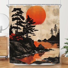 SVBright Japanese Red Shower Curtain 60Wx72L Inch Sunset Sun Anime Tree Black Chinese Mountain Ink Painting Flower Lake Botanical 12 Pack Hooks Polyester Waterproof Fabric Bathroom Bathtub Panels