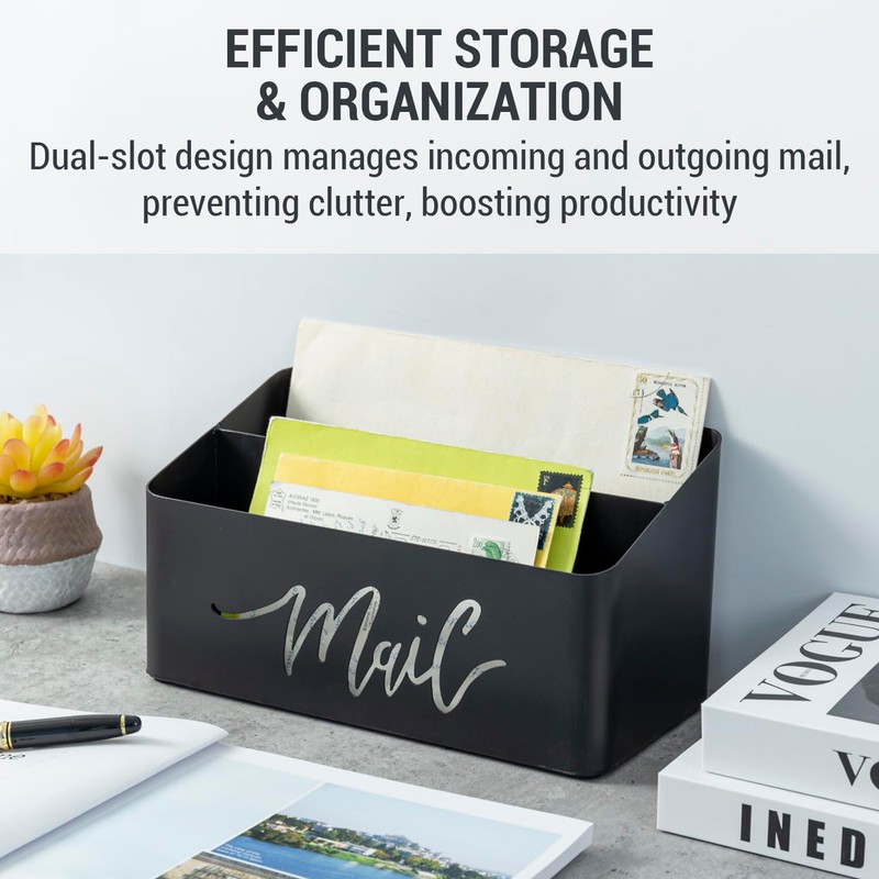 MyGift 2 Slot Modern Matte Black Metal Desktop Mail Sorter