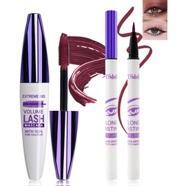 Burgundy Mascara Liquid Eyeliner Set-5D Waterproof Silk Fiber Lash Extensions Colored Tubing Mascara Volume and Length,Longlasting Smudgeproof Eye Liner Pen,Valentine's Day Makeup Gift Kit for Women-08