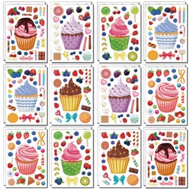 24 Sheets Cupcakes Stickers for Kids Treats and Sweets Sticker Sheets Make a Face Stickers for Birthday Party Mix and Match Dessert Cookies Stickers Party Favors