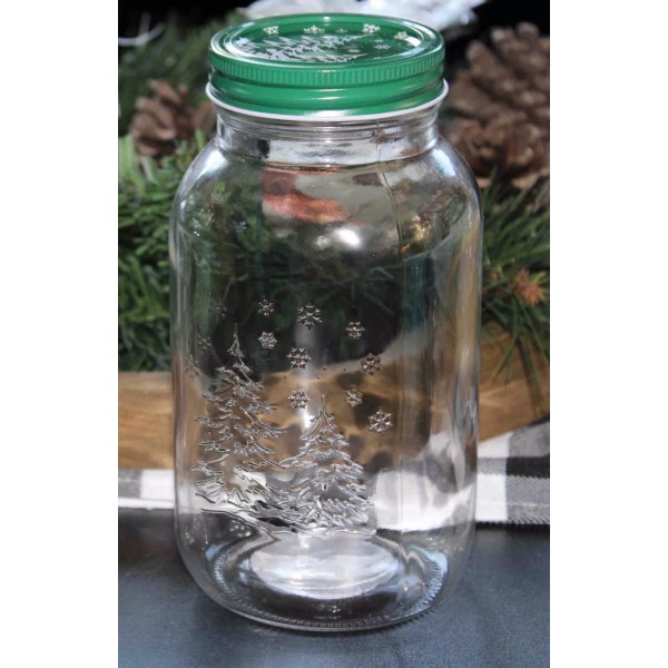 Christmas Holiday Mason Style Quart Jar Embossed Christmas Trees With