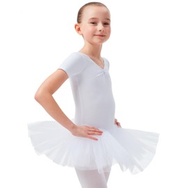 Tanzmuster Children’s Ballet Tutu "Nele" - cute short sleeve ballet leotard with tutu skirt and rhinestones in pink and white., white, 164/170
