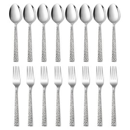 16-Piece Hammered Forks and Spoons Silverware Set, E-far Stainless Steel Square 8 Dinner Forks and 8 Dinner Spoons, Modern Metal Flatware Cutlery for Kitchen and Restaurant, Dishwasher Safe-7.9 Inch
