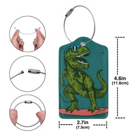 Surfing Dinosaur 2 Pack Luggage Tags, Unique Leather Suitcase Tags Identifiers with Privacy Name Address Labels & Durable Steel Loop