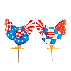 The Round Top Collection Star & Checked Roosters Stake Set of 2 - Patriotic Metal Garden Accents Featuring Red, White, and Blue Birds - Whimsical Outdoor Décor