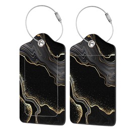 EOBKLAX 2 Pack Luggage Tag for Suitcase,Abstract Black Marble with Golden Veins PU Leather Suitcase Tags Identifiers with Privacy Name Address Labels and Durable Steel Loop for Women Men Travel