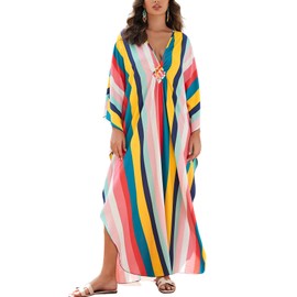 KECVOT Kaftan Dresses for Women Plus Size Batwing Sleeve Caftans Long Bathing Suit Cover Up Maxi Beach Dress Loungewear, 8759-color1, One Size
