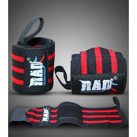 RAD Muñequeras para levantamiento de pesas para gimnasio, fitness, correa de vendaje de 12 pulgadas, rojo y negro