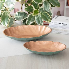 ANDALUCA Set of 2 Turqouise Copper Finish Metal Decorative Long Oval Bowls