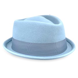 Belfry Crushable Porkpie Fedora Hat Men's Vintage Style 100% Pure Wool in Black Brown Grey Navy Pecan and Striped Band (as1, Alpha, l, Light Blue)