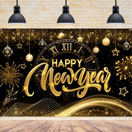 Happy New Year 2025 Banner, Black and Gold New Years Backdrop 2025 Happy New Year Decorations 2025 Banner Happy New Year Banner 2025 Nye Banner for New Years Eve Party Supplies 2025