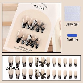 24 PCS Press on Nails French Fake Nails Black 3D Kitty Cat Fake Nails Bow Fake Nails Long Fake Nails Gifts for Women and Girls (No.115)