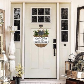 FemiaD God Bless Our Home Wall Decor,Home Decor Signs, Rustic Wooden Signs Farmhouse Blesses Home Wall Decor Round Wood Wreaths Wall Hanging for Home All Seasons 12inch