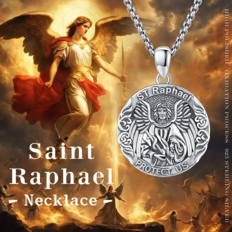 JFASHOP 925 Sterling Silver Saint Raphael Medal Protection Amulet Necklace