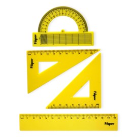 Geometry Set of 4, Drawing Set Triangle 45°/125 cm, Triangle 60°/115 cm, Ruler 15 cm and Protractor/Yellow/