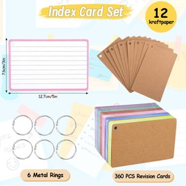 Revision Cards, 360 Pcs Flashcards with Ring and Kraft Paper Cover, 6 Pack Ruled Index Cards 3x5 Inch, Coloured Revision Cards for Taking Notes Study Office School