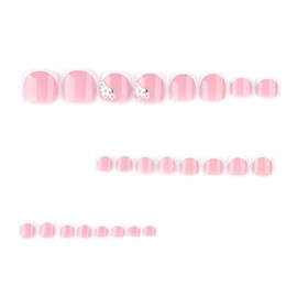 24Pcs Summer Press on Toenails Short Square, ZIFANHU White French Fake Toe Nails Press ons Pink Nail Tips Glue on Nails Full Cover Acrylic False Toenails with Cute Flower Stick on Nails for Women