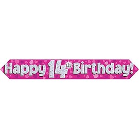 9ft Banner Happy 14th Birthday Pink Holographic