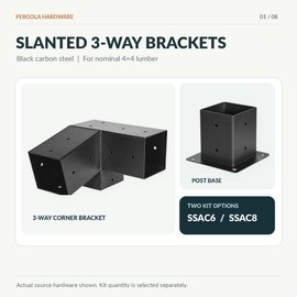 4x4 Pergola Bracket Kit, Carbon Steel 3-Way Slanted Connectors for 3.5 Inch Wood Beams, 6 or 8 Piece Options