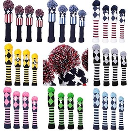 4 Piece Driver Wood FW 2 Piece Hybrid UT Knit Golf Cover Head Cover with Pendant (USA Blue)