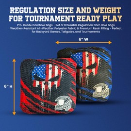 Cornhole365 Themed Cornhole Bags - 6"" x6 All Weather Dual-Sided Slick & Stick - Plastic Resin Cornhole Bean Bag Filler & Suede - Dual Stitched for Sports Competition - Punisher Skull - Set of 8