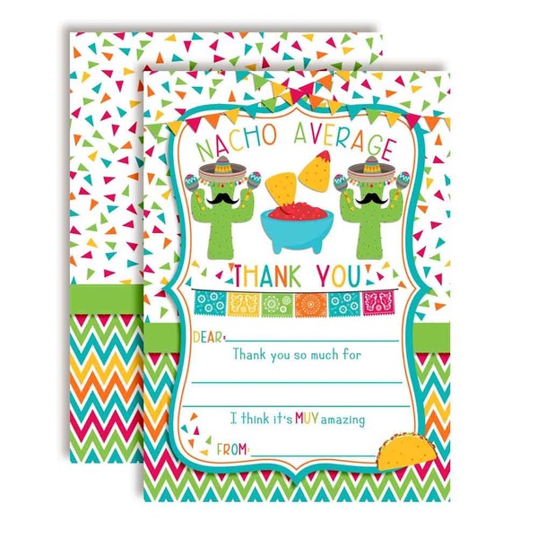 Nacho Average Party Chips, Dip & Taco Themed Fiesta Thank You Notes for Kids, Ten 4" x 5.5" Fill In The Blank Cards with 10 White Envelopes by AmandaCreation