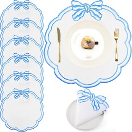 6 Set Round Placemats 15 Inch Cotton Linen Scalloped Embroidered Placemats Bow Double Layered Table Mats Washable Table Dinner Decor for Hotel Restaurant Weddings Thanksgiving Daily Parties(Blue)