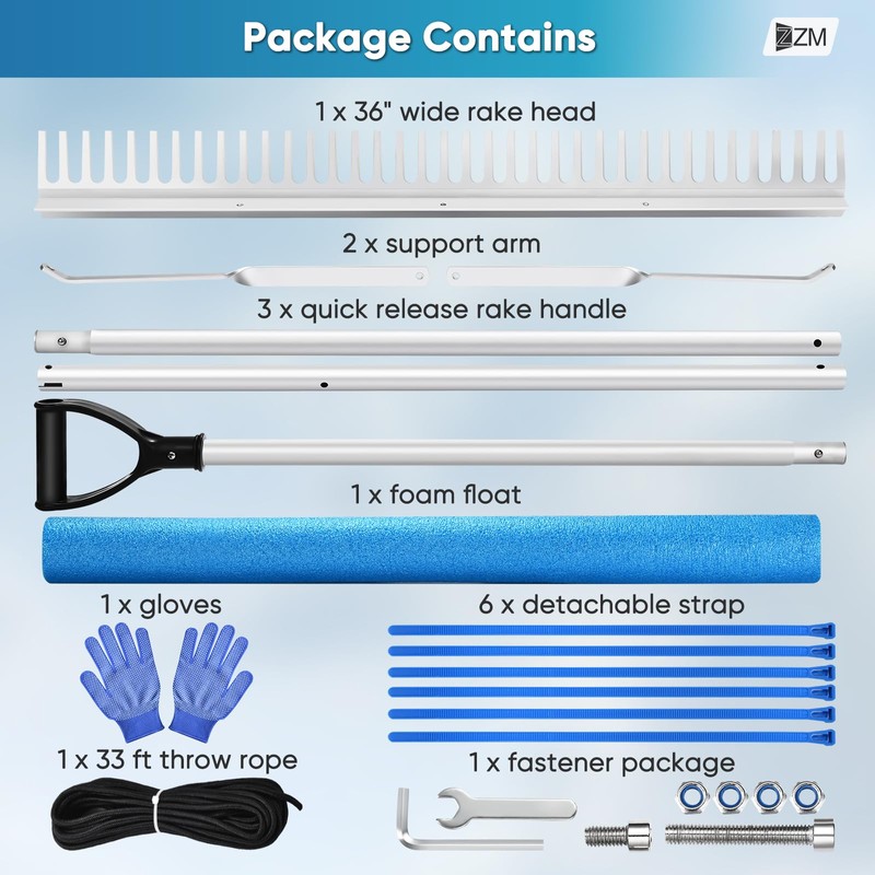 Floating Lake Rake, Leaf Collector for Gardening, 36" Aluminum Landscape
