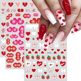 Valentine's Day Nail Stickers Decals Cute Heart Nail Art Decals 3D Self-Adhesive Nail Stickers Heart Strawberry Bow Flower Nail Designs Nail Decals Nail Art Supplies DIY Manicure Decorations 6 Sheets