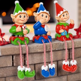 Dazzle Bright Christmas Elf Figurines Decoration, Set of 3 Resin Elf Sitters with Dangling Legs, Xmas Table Fireplace Shelf Sitters Decorations Sitting Figurines Ornament for Indoor Home Decor