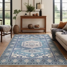 Kokia Area Rugs Living Room Ultra-Thin Washable Blue 4x6 Rug Bedrooom Geometric Tribal Distressed Lightweight Foldable Carpet for Dining Room Home Office, Solani Blue-A-1