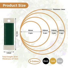 Pack of 12 Metal Rings for Crafts, Decorative Macrame Ring, Wire Ring for Crafts, DIY Ring, Dream Catcher, 5/10/15/20 cm Decorative Ring for Hanging for Weddings, Christmas (Black/Gold/Silver)