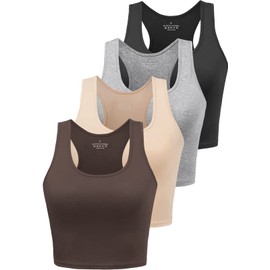 Joviren Cotton Workout Crop Tank Top for Women Racerback Yoga Tank Tops Athletic Sports Shirts Exercise Undershirts 4 Pack Black/Grey/Nude/Coffee S