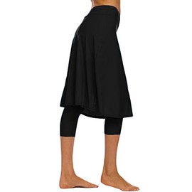 Akaeys Women's Modest Extra Long Capris Legging Active Skirted Swimsuit Skirt, Black, Medium