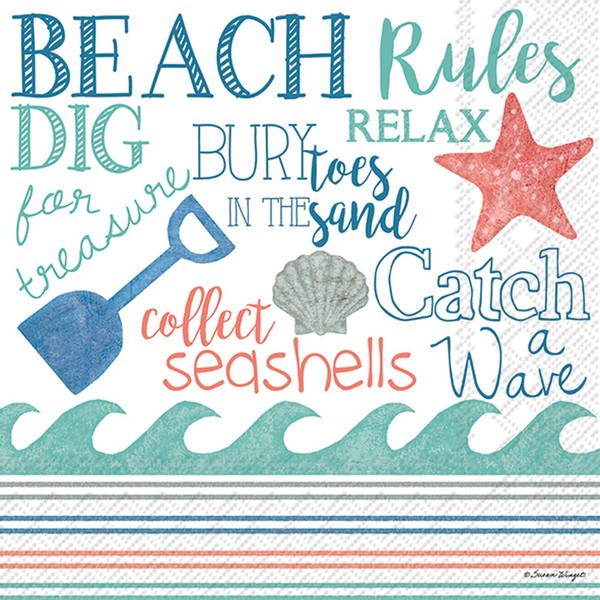 Boston International Celebrate the Home Beach-Themed 3-Ply Paper Cocktail Napkins, Beach Rules, 20-Count, 5" x 5"