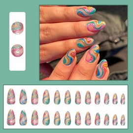 Almond Press on Nails Short, 24Pcs Stiletto Glossy False Nails with Colorful Swirl Designs, Bling Glitter Acrylic Nails Wave Line Glue on Nails for Women Girls