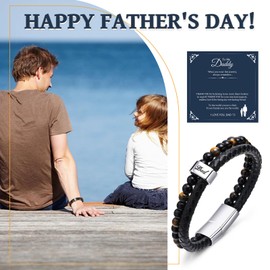 TempBeau Mens Bracelets Dad Leather Black : Daddy Gifts Bracelet in Father‘s Day 21.5cm Tiger Eye Beads Multi Layer Wristband for Husband Dad Grandpa Jewelry Gift