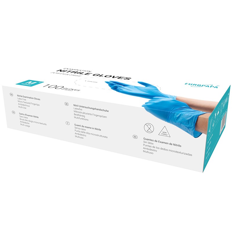 EUROPAPA® Disposable Nitrile Examination Gloves, Powder–Free, Latex–Free, Non–Sterile, Box of