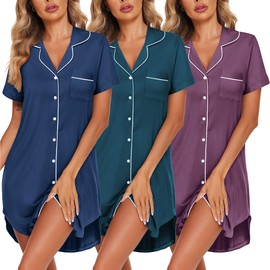 Ekouaer 3 Pack Women's Nightgown Button Down Sleepshirts Short Sleeve Nightshirts for Women Sleepwear V Neck Sleep Dress Blue & Purple & Blue Green L