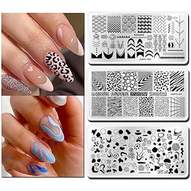 French Nail Stamping Plate - 3pcs Metal Nail Stamp Plates Set for Nails Art Design Geometric Leopard Print Abstract Stripes Swirl Line Graffiti Plaid Image Stamps Stencils 12x 6cm