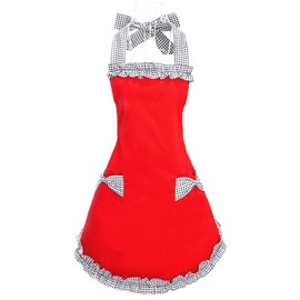 Hyzrz Cute Red Cotton Ruffle Youth Girls Apron Kitchen Cooking Aprons for Women with Pockets