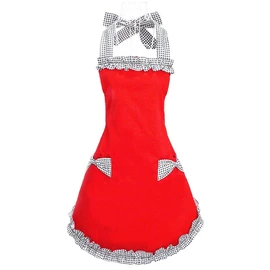 Hyzrz Cute Red Cotton Ruffle Youth Girls Apron Kitchen Cooking Aprons for Women with Pockets