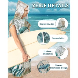 Rowjoy Beach Towel Poncho, Ocean Animal Print Surf Poncho, Blue Underwater World Beach Towel with Hood, Towel Poncho, Quick Drying Bath Poncho for Adults (Whale2 – 75 x 110 cm)