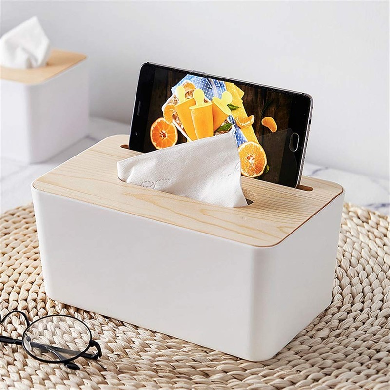 Tissue Box Plastic Removable Wood Cover Holder Storage Organizer for