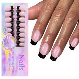 150Pcs Black French Tip Press on Nails Medium Square Fake Nails In15 Sizes 3 IN 1 Soft Gel Nail Tips Pink Glossy Reusable Acrylic Nails No Need to File False Nails for Women Girls Manicure