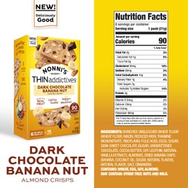 Nonni's THINaddictives Dark Chocolate Banana Nut Crisps 4.4 oz, Lightly Sweet Almond Snack, 6 On-the-Go Packs, 90 Calories, 6 Pack